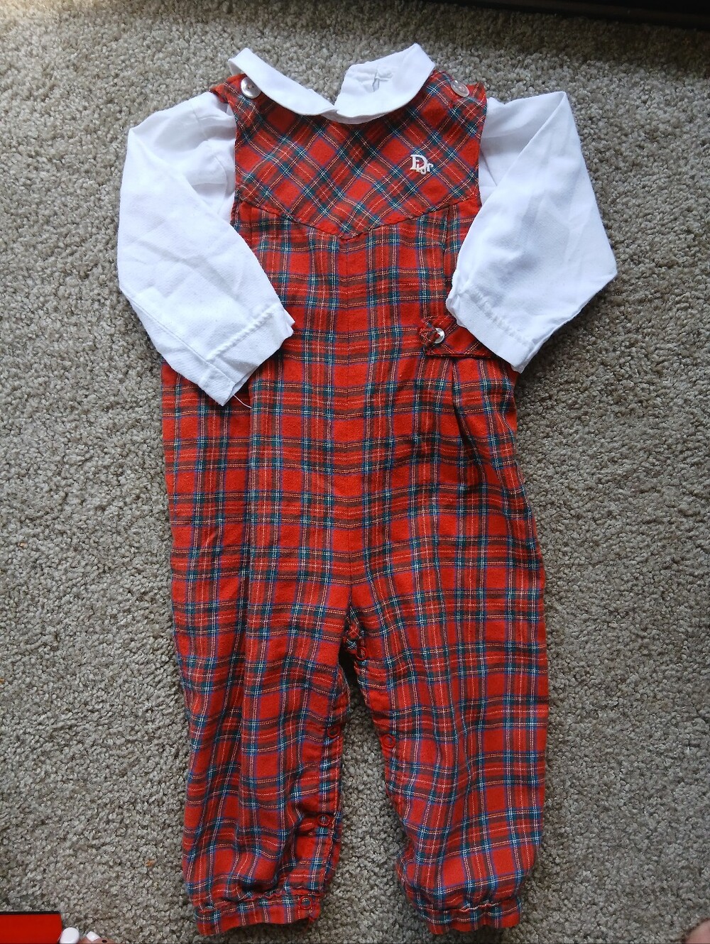 Vintage Baby Dior Classic Red Plaid Baby Overalls with White Shirt